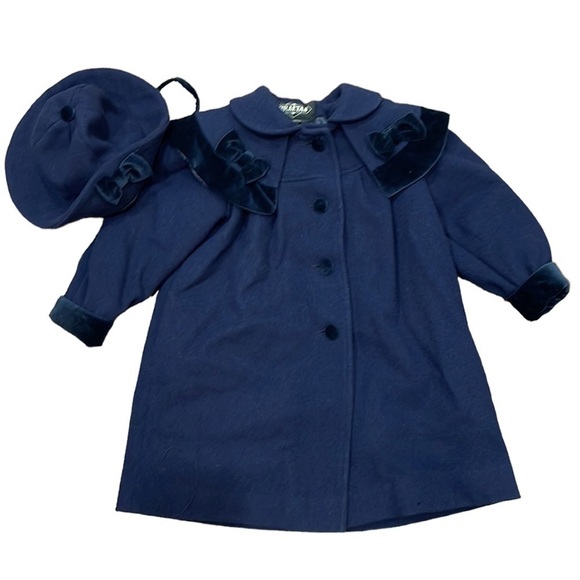 NWOT Braetan Girls Navy Wool Velvet Trim Winter Dress Coat and Hat SZ 4 - Picture 1 of 9